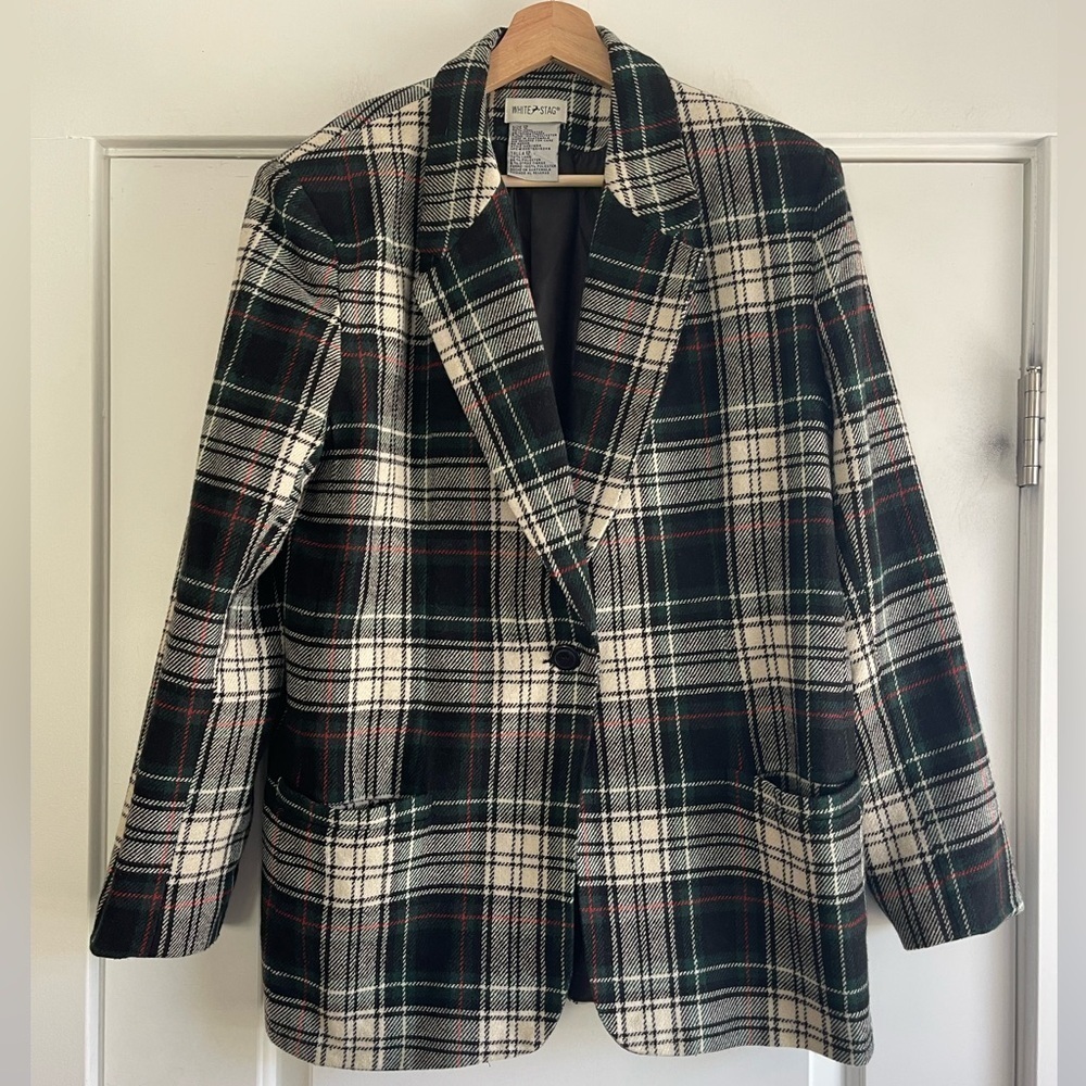 Vintage White Stag Plaid Wool Blazer - 12
